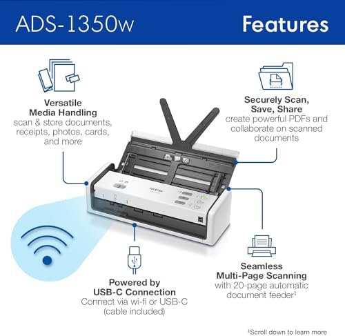 Brother ADS-1350W Wireless Compact Desktop Scanner | Scan Speeds of Up to 30ppm | Single Pass Double-Sided Scanning (Renewed) - Image 2