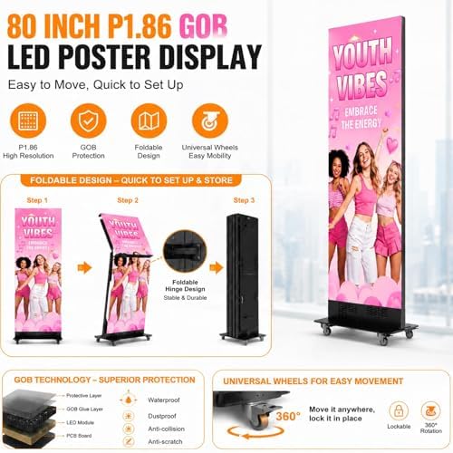80 Inch LED Screen Poster, P1.86 Spliceable Digital Signage Display, GOB LED Poster Display with Flight Case, Commercial Advertising Display for Events, Rentals and Weddings, WiFi/USB/HDMI - Image 6