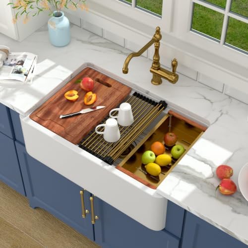 Lordear 33 Inch White Farmhouse Sink Workstation Apron Front Fireclay - Image 2