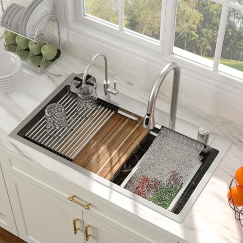 33 Inch Drop In Workstation Waterfall Kitchen Sink with Accessories by Couoko