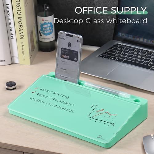 TOWON Compact Glass Desktop Whiteboard with Storage 12x7 in, Mint Green - Image 2