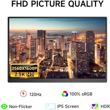 AYY 16" 2.5K 120Hz Portable Monitor, 2560x1600 HDR IPS Display, QHD 100% sRGB, USB-C & HDMI, Eye Care External Second Screen, for Laptop/PC/Phone/PS4/5/Xbox/Switch - Image 3