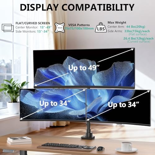 WALI Triple Monitor Mount - Extra Tall 3 Monitor Desk Mount for 17-49 Inch Ultrawide Screens, Up to 44 lbs, Fully Adjustable Heavy Duty Monitor Arm, VESA 75/100 mm (GSDM003-P), Black - Image 2
