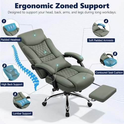 Ergonomic Executive Office Chair PU Leather High Back, 400lbs Heavy Duty Reclining Desk Chair with Footrest, Adjustable Lumbar Support, Padded Armrests, Wide Seat, Green - Image 4