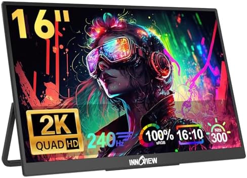 InnoView 16" 240Hz Portable Monitor 2K 2560x1600 100% sRGB Portable Gaming Monitor Laptop Monitors Built-in Speakers 180° Adjustable Type-C HDMI Laptop Screen Extender for Surface Pro PS5 Switch Xbox by InnoView