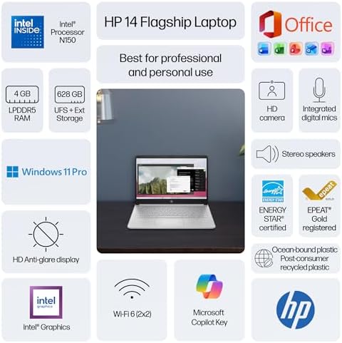 HP 14" Laptop Computer for 2026 Student Business Productivity, MS Office & Win 11 Pro, Copilot AI, Intel 4-Core CPU, 4GB DDR5 RAM, 628GB Storage (128GB UFS+500GB Ext), Wi-Fi 6, HubxcelAddon, Silver - Image 3