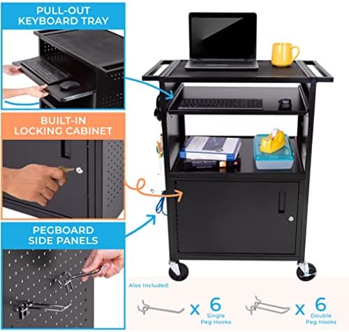 Line Leader Stellar AV Cart | Computer Cart with Pegboard Siding & 12 Hooks for Customizable Storage | Locking Cabinet & Pullout Keyboard Tray | UL Safety Certified Power Outlets | Locking Wheels  - Image 3