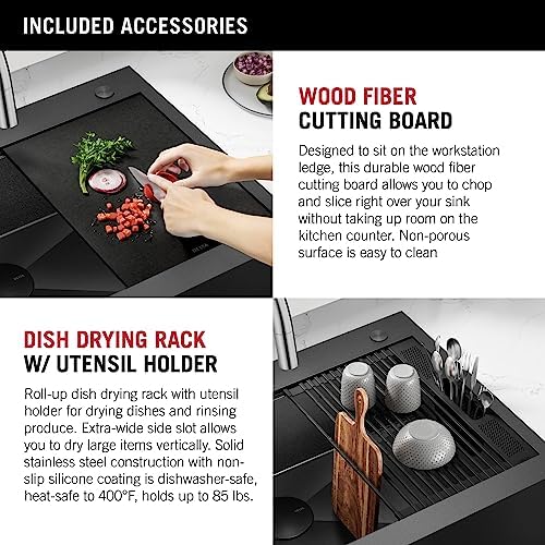 DELTA FAUCET Rivet 33 In Black Stainless Steel Retrofit Farmhouse Apron Front Workstation Kitchen Sink Single Bowl/PVD Gunmetal Finish w/ Accessories for Top Mount Drop-In Installation,95D9031-T33S-GS - Image 7