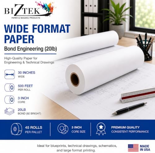 Wide Format Paper 30” x 500’ Rolls Bond Engineering 92 Bright 20lb - 45 Rolls per Pallet with 3” Core - Image 4