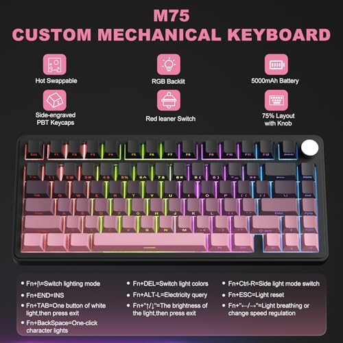 M75 Mechanical Keyboard,75% Gasket Hot Swappable,RGB Backlit,Side Printed PBT Keycaps,2.4Ghz/Bluetooth/USB-C Gaming Keyboards (Black and Pink) - Image 6