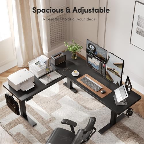 FEZIBO Triple Motors 25mm Tabletop L Shaped Standing Desk, 75" X 63" Electric Standing Gaming Desk Adjustable Height, Corner Stand up Desk with Splice Board, Black Frame/Black Top - Image 3