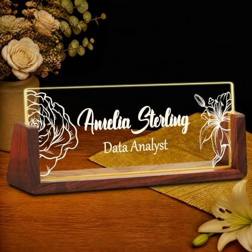 Custom Name Plate for Desk with LED Walnut Frame, Office Desk Decor by Unknown