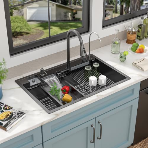 33"x22" Drop In Waterfall Kitchen Sink - Gunmetal Black NANO-PVD, 16 Gauge 304 Stainless Steel, Ledge Workstation Single Bowl Top Mount Smart Waterfall Sink with Faucet Combo & Glass Rinser - Image 2