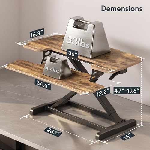 FLEXISPOT Standing Desk Converter 36" Desk Riser for Dual Monitor, Sit Stand Computer Workstation with Spacious Keyboard Tray, Ergonomic Height Adjustable Stand Up Desk Riser, Rustic Brown - Image 3