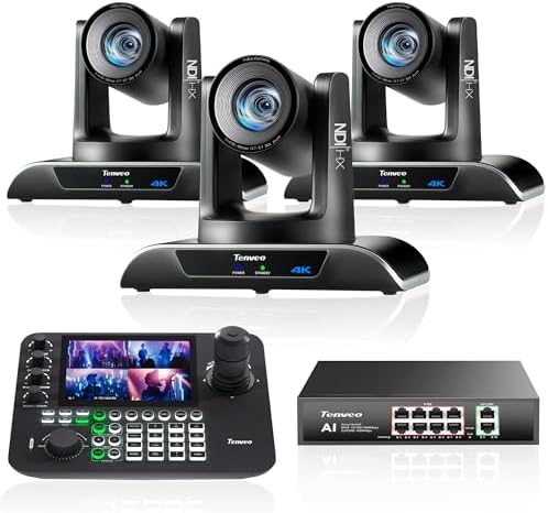 Tenveo 4K 20X NDI PTZ Camera with AI Humanoid & Face Auto-Tracking HDMI/USB3.0/LAN(PoE) (3pcs) and 7’’ LCD Quad-Screen NDI PTZ Joystick Controller and 8 Port PoE Switch Bundle/Kit for Live Production by Tenveo