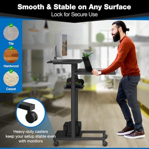 Mount-It! Mobile Desk Workstation 40 Inch Wide Large Rolling Computer Desk is Height Adjustable to 64 Inches, Sit Stand Computer Cart with Multi Level Shelves on Wheels in Black - Image 6