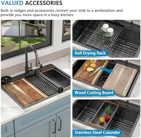 30"x22" Drop In Kitchen Sink Ledge Workstation – Gunmetal Black NANO-PVD, 16 Gauge 304 Stainless Steel Top Mount Single Bowl Sink Basin with Faucet Combo & Glass Rinser - Image 6