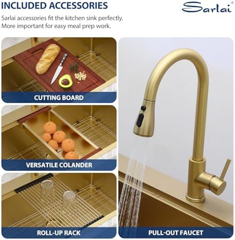 Sarlai 33 Gold Kitchen Sink with Faucet- 33x22 Inch Drop In Kitchen Sink Single Bowl Topmount Gold Ledge Workstation Sinks 16 Gauge Stainless Steel Sinks with Pull-out Faucet - Image 7