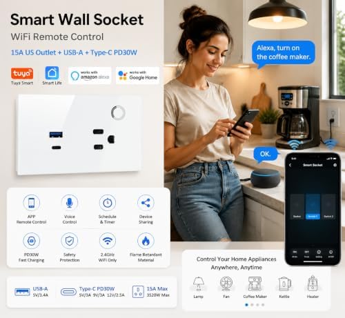 Melery Smart WiFi Wall Outlet with USB-A & 30W USB-C PD Fast Charging, 15A Smart Receptacle, Smart Life/Tuya App Remote Control, Compatible with Alexa & Google Home, Timer & Schedule - Image 2