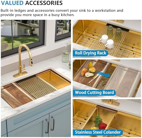 33 Undermount Kitchen Sink Gold - Fulorni 33"x19" Kitchen Sink Brushed Gold NANO-PVD Ledge Workstation 16 Gauge 304 Stainless Steel Under Counter Single Bowl Basin - Image 6