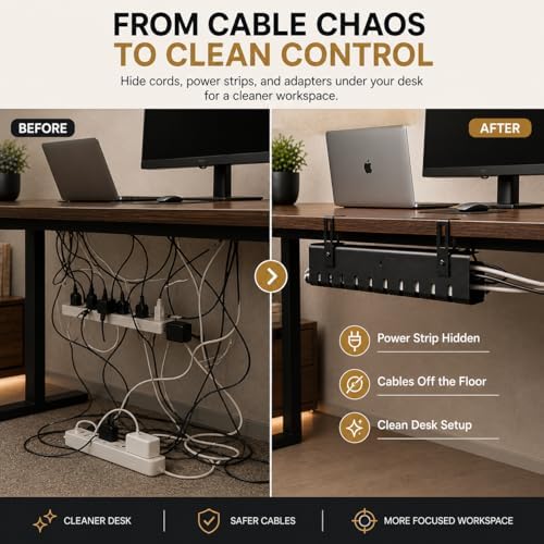 Under Desk Cable Management Tray 2 Pack, Premium Steel Cable Organizer, Clamp or Screw Mount Installation, No Drill Clamp Option, Cord Management System for Home Office Desks, Black - Image 3