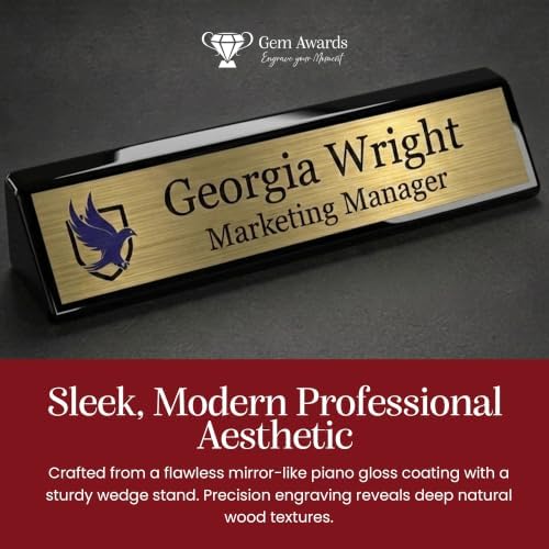 Gem Awards Custom Name Plate for Desk, Black Piano Insert, 2x10 Inch - Image 6