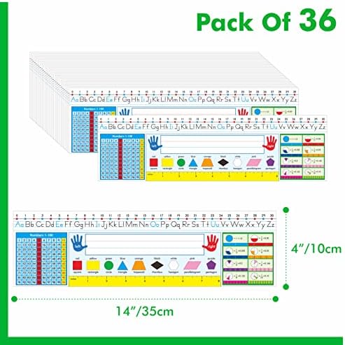 36 PCS Desk Nameplates, Double Sided PET Film Desk Name Tags with Alphabet, Numbers, Fractions, Shapes, Colors and Ruler Erasable & Reusable Traditional Manuscript Name Plate for Classroom (14” x 4”) - Image 2