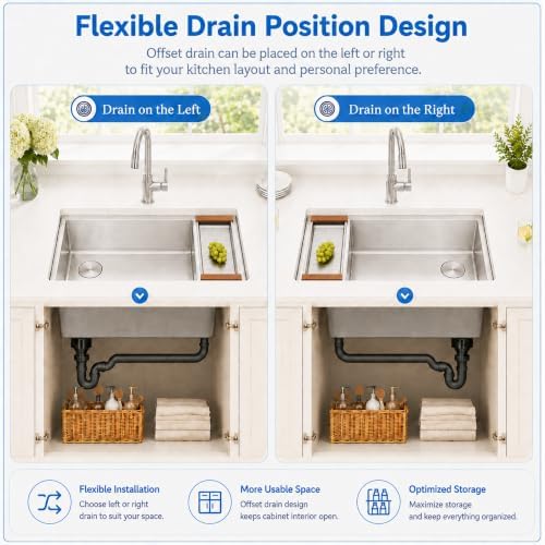 33" X 18" Undermount Kitchen Sink Offset Drain with Workstation - Image 4