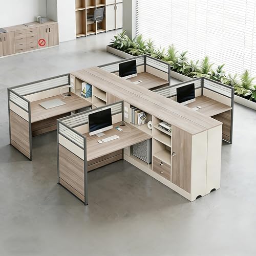 Modern Office Cubicle Workstation Desk with Tempered Glass Privacy Panels, USB Charging Hub & Cable Management,Multi-Person Modular Computer Desk for Commercial Office (D-Right, Four Person -T) by Unknown