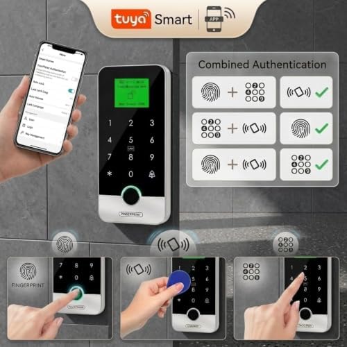 Tuya Smart Fingerprint Access Control Keypad, 4-in-1 Unlocking, RFID Card, Password, Mobile App Control, IP65 Waterproof, 1000 User Capacity for Home & Commercial Security - Image 2