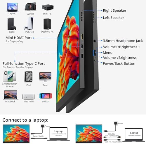 AYY 4k Portable Monitor Touchscreen, 13.4" 3840x2160 Second Screen 100% sRGB,400cd HDR USB C Ultra Slim IPS Laptop Monitor, for Mac Switch - Image 3