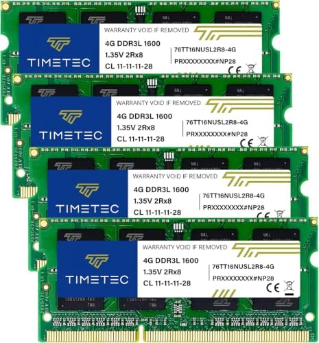 Timetec 16GB KIT(4x4GB) DDR3L / DDR3 1600MHz PC3L-12800 / PC3-12800 Non-ECC Unbuffered 1.35V / 1.5V CL11 2Rx8 Dual Rank 204 Pin SODIMM Laptop Notebook PC Computer Memory RAM Module Upgrade by Timetec