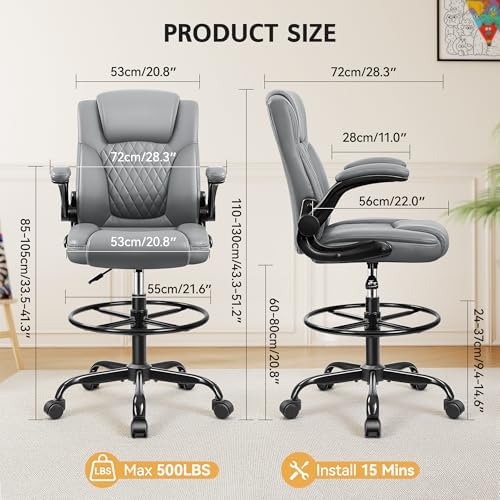 Drafting Chair, Tall Office Chair for Standing Desk, High Executive Leather Ergonomic Computer Chair with Adjustable Height and Flip-Up Armrest for Counter Height Desk, Grey, Pack of 1 - Image 3