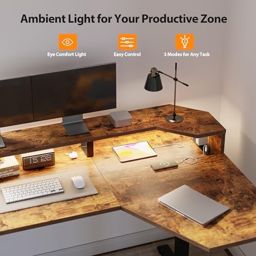 Agilestic 63*35 Inch L Shaped Standing Desk with Shelf & Led& Outlet, Brown - Image 7