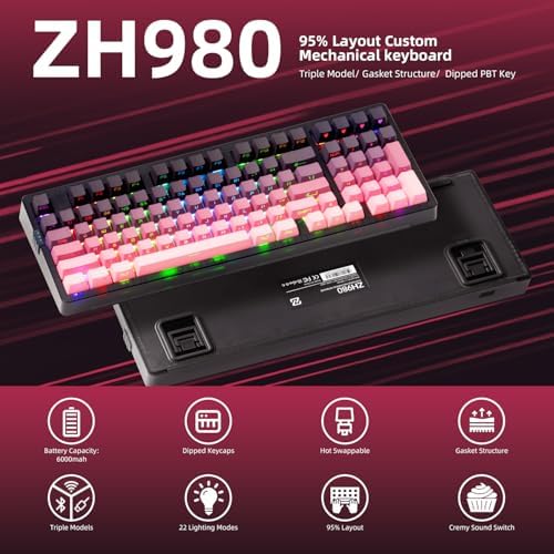 ZORNHER ZH980 Mechanical Keyboard Wireless,95% Pink Creamy Keyboard with Number Pad,Gaming Keyboard with Number Pad,Lighted Up PBT Keycaps,Loud Keyboard Clicky Blue Switches,Full Size - Image 2