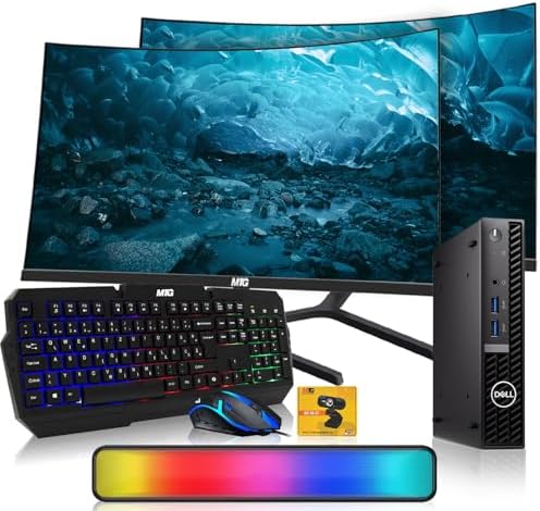 Dell Optiplex Tiny Mini Desktop PC, Intel Core i5, 32GB RAM, 1TB SSD Dual with 24 inch Curved Monitor, AI Enabled RGB Keyboard Mouse, RGB Soundbar and Webcam Windows 11 Pro (Renewed) by Amazon+Renewed