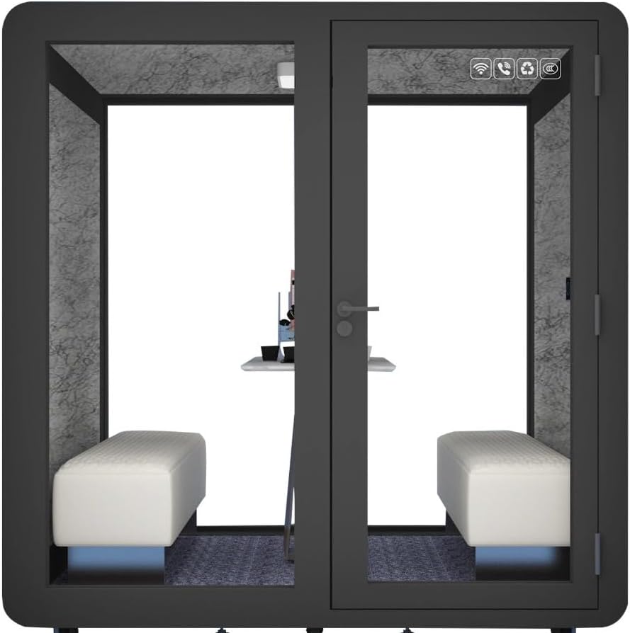 Mobile Soundproof Office Pod for 4–6 People – Portable Acoustic Meeting Room with Ventilation Fan, Lighting, USB Ports & Wheels, Black - Image 6