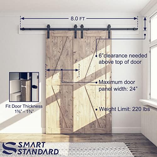 SMARTSTANDARD 8 FT Double Barn Door Hardware Kit, Fit 24" Wide Door Panel - Image 4
