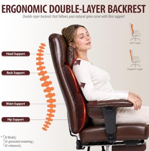 GTPLAYER Big and Tall Office Chair 400lbs Heavy Duty Wide Ergonomic Gaming Chair with Footrest, High Back Computer Chairs with Adjustable Armrests, Executive Desk Chairs with Lumbar Support, Brown - Image 6