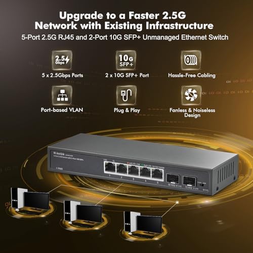MokerLink 5 Port 2.5Gigabit Ethernet Switch with 2x10G SFP Slot, 5 x 2.5G Base-T Ports, VLAN Isolation, Metal Unmanaged Fanless Small Network Switch - Image 2