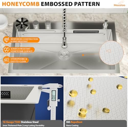 Mocoloo 30 Inch Honeycomb Waterfall Kitchen Sink Drop in, 30x19 Inch Stainless Steel Workstation Sink 16 Gauge Topmount Single Bowl Sink with Complete Kit - Image 4
