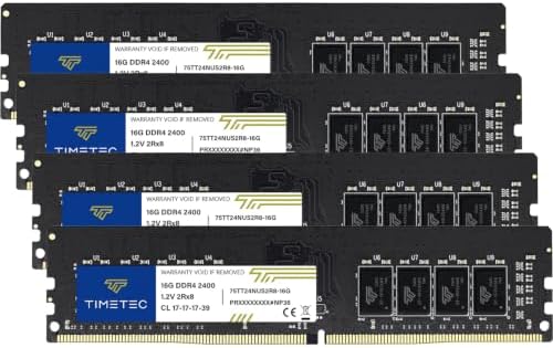 Timetec 64GB KIT (4x16GB) DDR4 2400MHz (PC4-2400T) PC4-19200 UDIMM Desktop RAM – 288-Pin 1.2V CL17 Non-ECC Unbuffered DIMM Memory Module Upgrade by Timetec