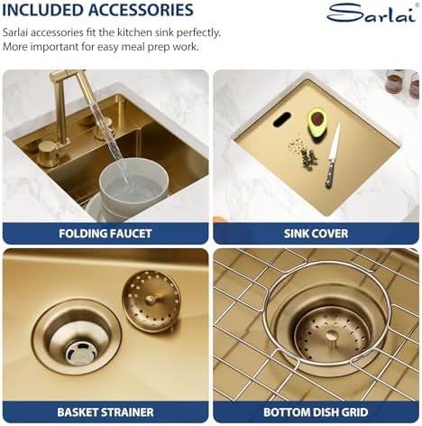 Sarlai Outdoor Sink, 15x17 Inch Gold Undermount Kitchen Sink Workstation with Foldable Faucet Bar Prep Single Bowl Gold Kitchen Sinks16 Gauge Stainless Steel BBQ Sinks with Cover 15"x17"x9“ - Image 6