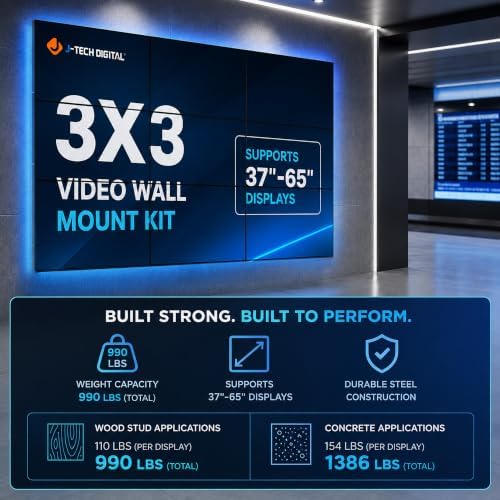 J-Tech Digital 3x3 TV Wall Mount Kit, Fits 9 Screens 37” – 65”with Adjustable Tilt, Leveling and Pop Out Arms, Wide VESA Patterns up to 600x400 [JTECH-VMM-KIT33] - Image 2