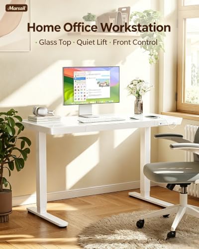Marsail Glass Standing Desk with Drawer, 48 x 24 inch Electric Standing Desk, Height Adjustable Desk with One-Piece Tabletop & USB Charging Ports, Sit Stand Desk with Storage for Home & Office White - Image 3