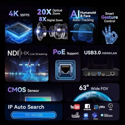 Tenveo 4K NDI PTZ Camera AI Humanoid & Face Auto-Tracking, AI Gesture Control, HDMI/USB3.0LAN/(PoE) PTZ Camera 20X Zoom IP Live Streaming, for Church Services Worship Video Conference Live Streamings - Image 2