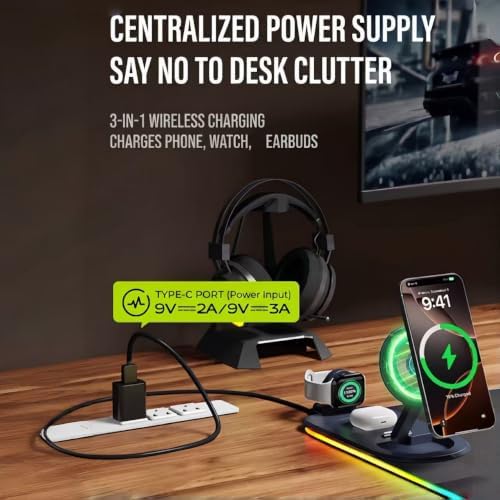 3-in-1 Wireless Charging Mouse Pad, 15W RGB Gaming Desk Mat with Phone, Watch & Earbuds Charging Station, 31.5 x 11.8 in Extended Mouse Pad, Smooth Surface, Non-Slip Rubber Base, Black - Image 4