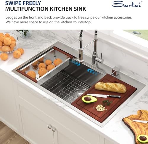 Sarlai 36 Inch Drop In Kitchen Sink - 36x22 Drop Kitchen Sink Ledge Workstation 16 Gauge Stainless Steel Sink Topmount Single Bowl Over Counter Kitchen Sinks Basin Round Corners - Image 4