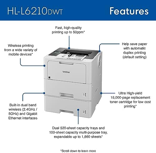 Brother HL-L6210DWT Business Monochrome Laser Printer with Dual Paper Trays, Wireless Networking, Works with Alexa, White - Image 2
