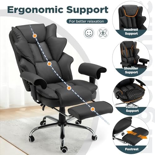HOMREST Ergonomic Executive Chair with 6-Point Vibration & Heat, Reclining PU Leather Big & Tall Desk Chair, Retractable Footrest & Adjustable Armrest for Home Office Gaming Study, Black - Image 7